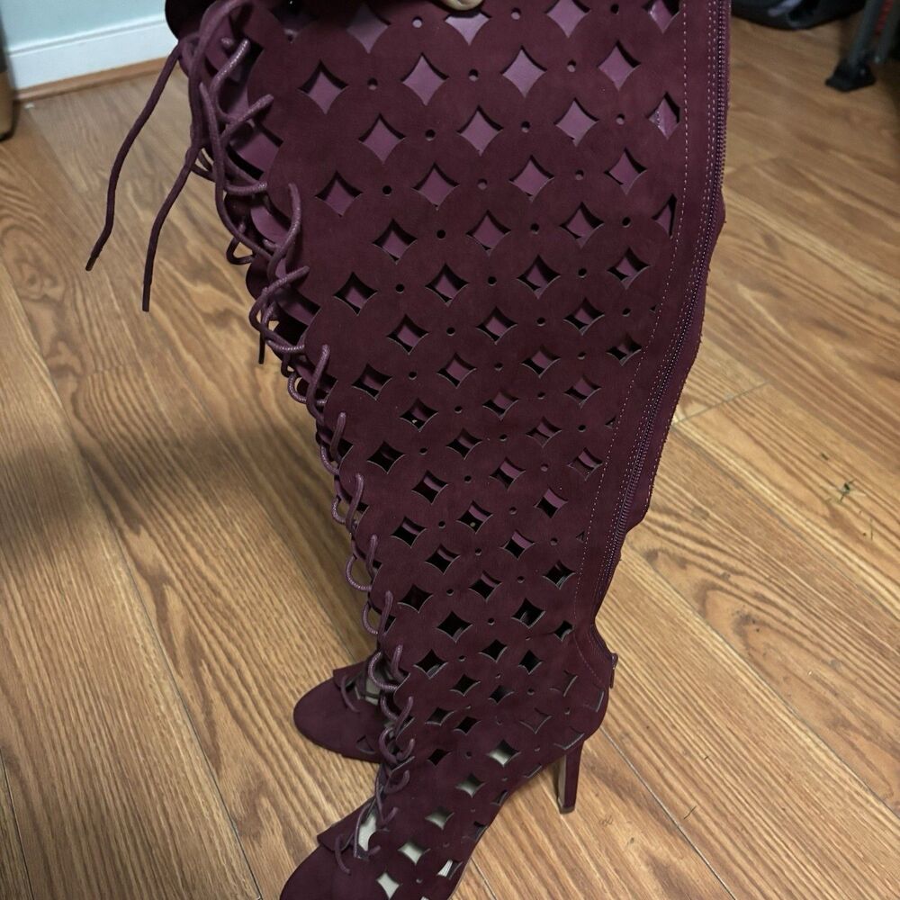 JustFab Burgundy Knee-High Cutout Gladiator Lace-Up Stiletto Boots